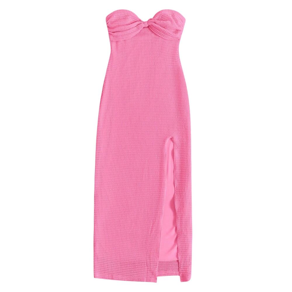 Twist Detail High Slit Strapless Dress in Pink, Size M